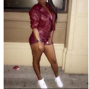 Burgundy leather shorts set